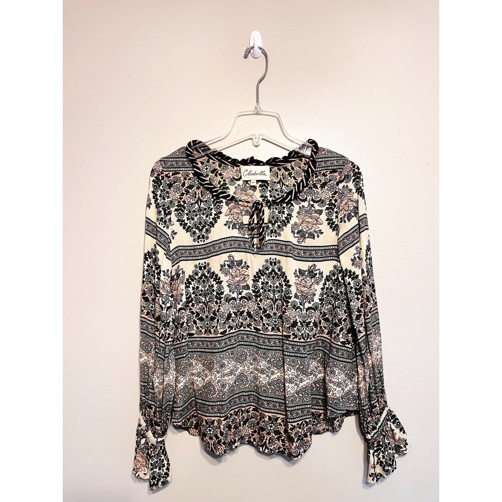 Cleobella Black Floral Ruffle Neck Tie Flared Sleeve Shirt Top Size XS